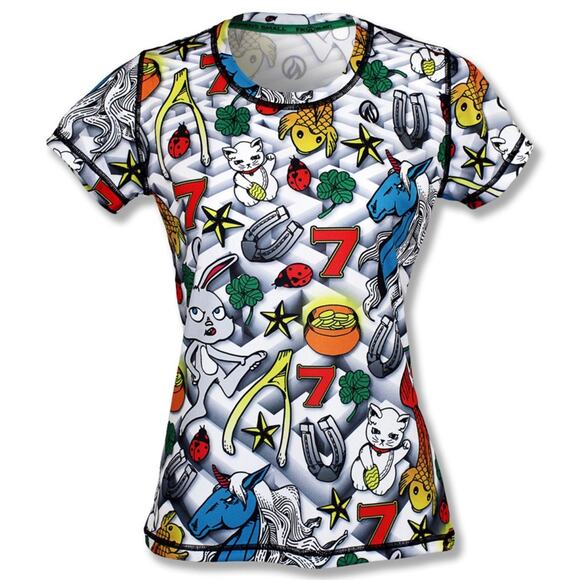 InkNBurn Lucky Tech Short‎ Sleeve Graphic T Shirt XXS 2XS White Multicolor Gym - Picture 1 of 7